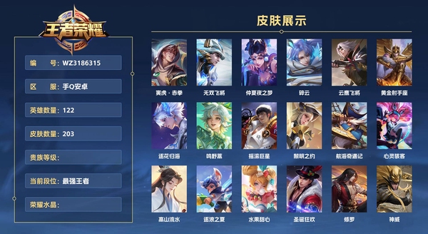 王者荣耀账号安卓QQ手Q安卓 122英雄 203皮肤  寅虎·赤拳 无双飞将 仲夏夜之梦 碎云 云鹰飞将 黄金射手座 逐花归海 鸣野蒿 摇滚巨星 黎明之约 航海奇遇记 心灵骇客 高山流水 逐浪之夏 水果甜心 圣诞狂...