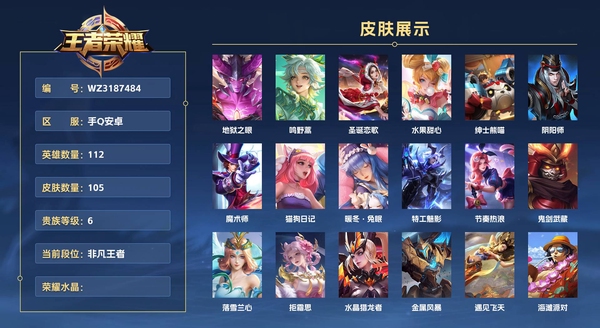 王者荣耀账号安卓QQ手Q安卓 112英雄 105皮肤 贵族等级6  地狱之眼 鸣野蒿 圣诞恋歌 水果甜心 绅士熊喵 阴阳师 魔术师 猫狗日记 暖冬·兔眠 特工魅影 节奏热浪 鬼剑武藏 落雪兰心 拒霜思 水晶猎龙者 ...