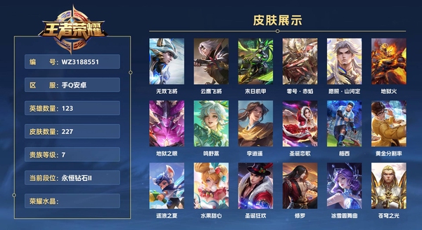 王者荣耀账号安卓QQ手Q安卓 123英雄 227皮肤 贵族等级7  无双飞将 云鹰飞将 末日机甲 零号·赤焰 愿照·山河定 地狱火 地狱之眼 鸣野蒿 李逍遥  圣诞恋歌 梅西 黄金分割率 逐浪之夏 水果甜心 圣诞狂...