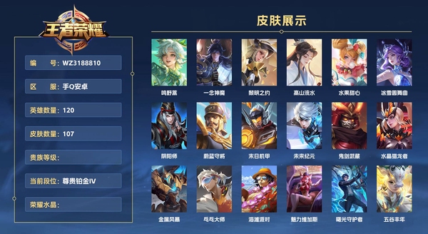 王者荣耀账号安卓QQ手Q安卓 120英雄 107皮肤  鸣野蒿 一念神魔 黎明之约 高山流水 水果甜心 冰雪圆舞曲 阴阳师 蔚蓝守将 末日机甲 未来纪元 鬼剑武藏 水晶猎龙者 金属风暴 乓乓大师 海滩派对 魅力维加...