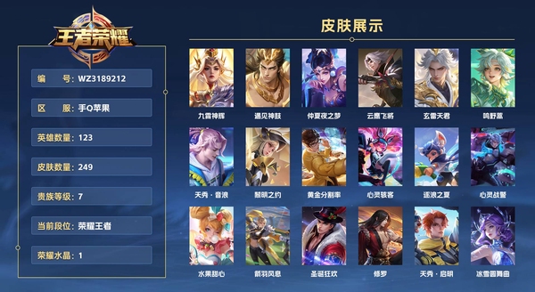 王者荣耀账号苹果QQ手Q苹果 123英雄 249皮肤 贵族等级7 已兑换荣耀水晶数1  九霄神辉 遇见神鼓 仲夏夜之梦 云鹰飞将 玄雷天君 鸣野蒿 天秀·音浪 黎明之约 黄金分割率 心灵骇客 逐浪之夏 心灵战警 水...