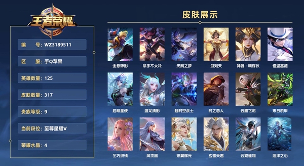 王者荣耀账号苹果QQ手Q苹果 125英雄 317皮肤 贵族等级9 已兑换荣耀水晶数4 全息碎影 杀手不太冷 天鹅之梦 武则天 神器·明辉仪 怪盗基德 启明星使 游龙清影 超时空战士 时之恋人 云鹰飞将 末日机甲 ...