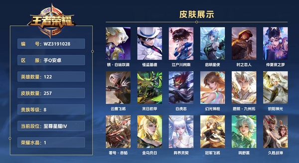 王者荣耀账号安卓QQ手Q安卓 122英雄 257皮肤 贵族等级8 已兑换荣耀水晶数1  银·白咏叹调 怪盗基德 江户川柯南 启明星使 时之恋人 仲夏夜之梦 云鹰飞将 末日机甲 白虎志 幻光神枪 愿照·九州拓 炽阳神...