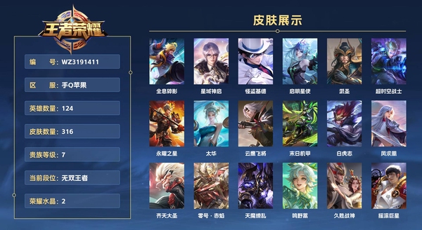 王者荣耀账号苹果QQ手Q苹果 124英雄 316皮肤 贵族等级7 已兑换荣耀水晶数2 全息碎影 星域神启 怪盗基德 启明星使 武圣 超时空战士 永曜之星 太华 云鹰飞将 末日机甲 白虎志 凤求凰 齐天大圣 零号·...