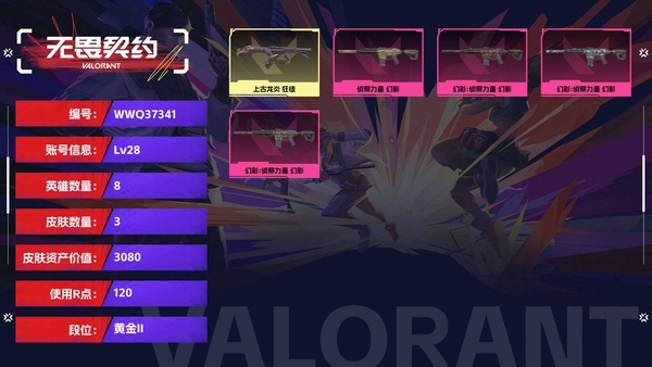 无畏契约账号QQ【等级】28【段位】黄金II【皮肤资产价值】3080【使用R点】120【英雄数量】8【皮肤数量】3【卡面数量】14【喷漆数量】8【挂饰数量】8【步枪】上古龙炎-狂徒,侦察力量-幻影