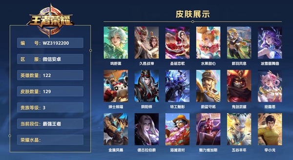 王者荣耀账号安卓VX微信安卓 122英雄 129皮肤 贵族等级3  鸣野蒿 久胜战神 圣诞恋歌 水果甜心 箭羽风息 冰雪圆舞曲 绅士熊喵 阴阳师 特工魅影 蔚蓝守将 鬼剑武藏 拒霜思 金属风暴 德古拉伯爵 海滩派对...