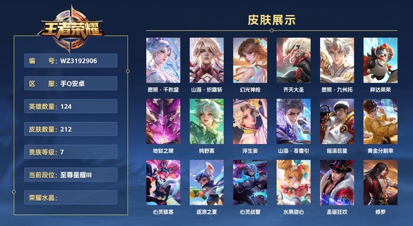 王者荣耀账号安卓QQ手Q安卓 124英雄 212皮肤 贵族等级7  愿照·千秋盛 山海·炽霜斩 幻光神枪 齐天大圣 愿照·九州拓 胖达荣荣 地狱之眼 鸣野蒿 浮生妄 山海·苍雷引 摇滚巨星 黄金分割率 心灵骇客 逐...
