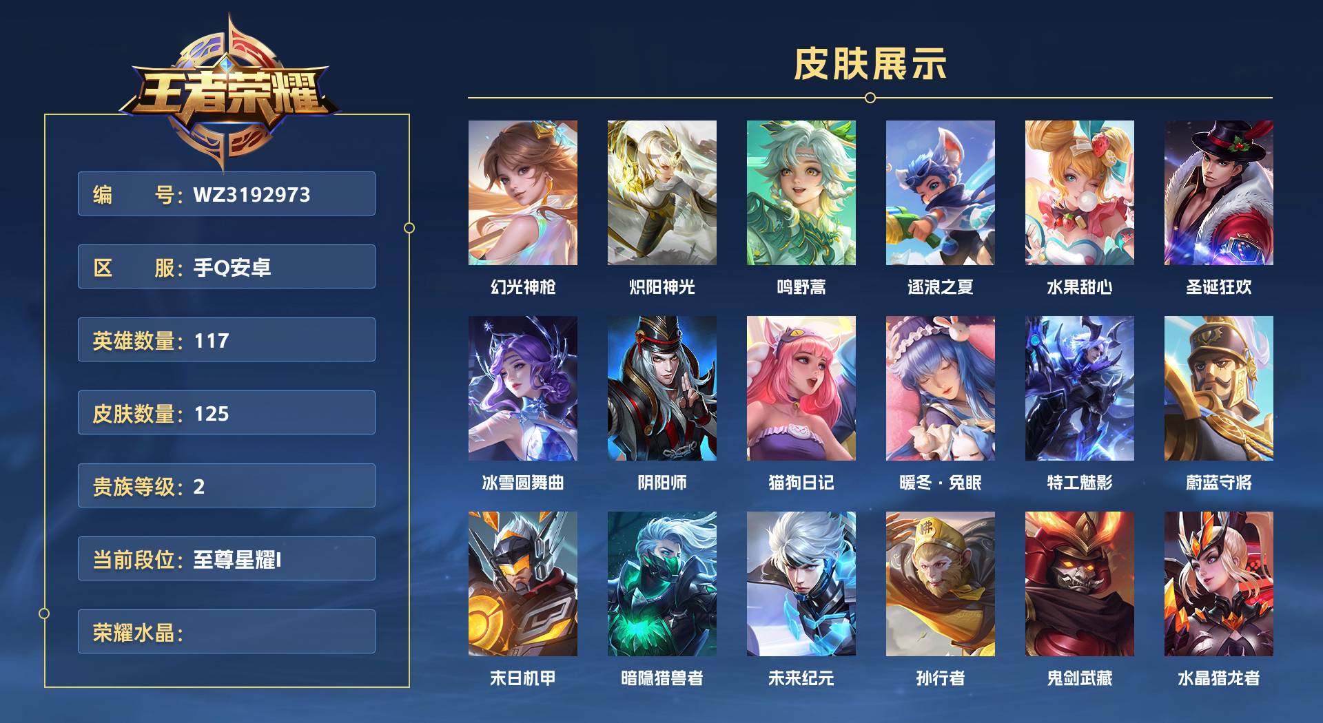 WZ3192973王者荣耀账号详情图1 WZ3192973王者荣耀账号详情图1