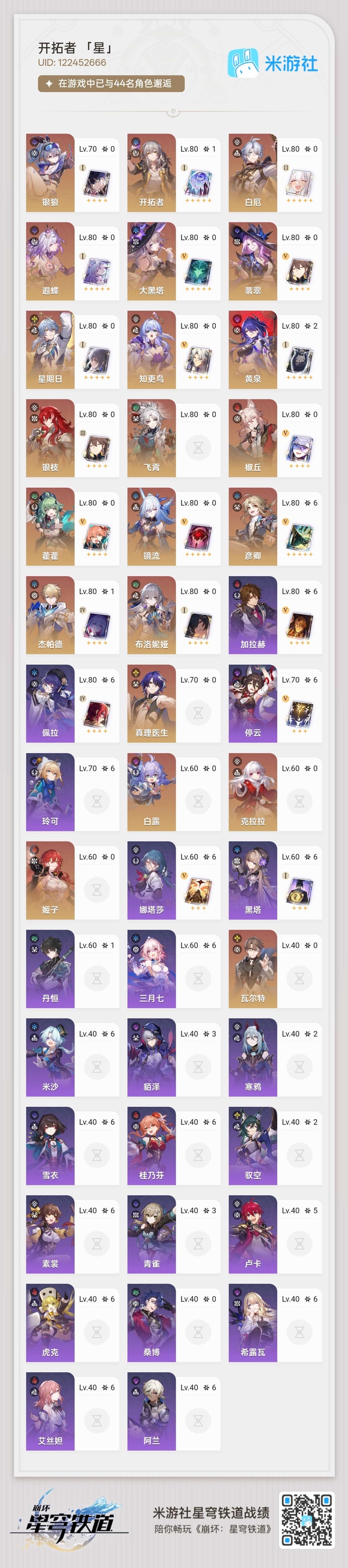 星穹铁道账号mihoyo服开拓等级41级 30黄，女主，五星角色：，布洛妮娅， 四星角色：4命娜塔莎，3命黑塔，2命希露瓦，2命虎克，1命艾丝妲，1命丹恒，1命停云，1命青雀，三月七，桑博，佩拉，阿兰， 五星光锥：精4星...