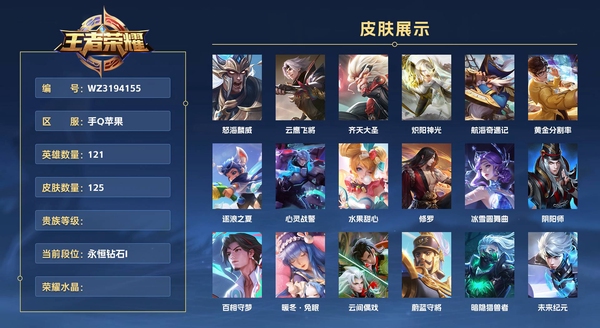 王者荣耀账号苹果QQ手Q苹果 121英雄 125皮肤  怒海麟威 云鹰飞将 齐天大圣 炽阳神光 航海奇遇记 黄金分割率 逐浪之夏 心灵战警 水果甜心 修罗 冰雪圆舞曲 阴阳师 百相守梦 暖冬·兔眠 云间偶戏 蔚蓝守...