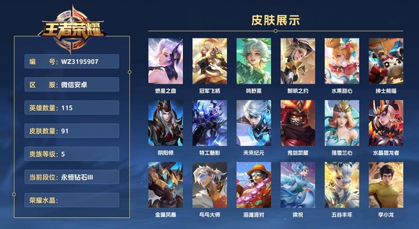 王者荣耀账号安卓VX微信安卓 115英雄 91皮肤 贵族等级5  燃星之曲 冠军飞将 鸣野蒿 黎明之约 水果甜心 绅士熊喵 阴阳师 特工魅影 未来纪元 鬼剑武藏 落雪兰心 水晶猎龙者 金属风暴 乓乓大师 海滩派对 ...