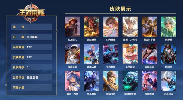 王者荣耀账号苹果QQ手Q苹果【金标   刘备】 122英雄 197皮肤 贵族等级5  时之恋人 战鼓燎原 幻光神枪 愿照·九州拓 黄金射手座 鸣野蒿 摇滚巨星 逐浪之夏 心灵战警 水果甜心 圣诞狂欢 阴阳师 暖冬·兔眠