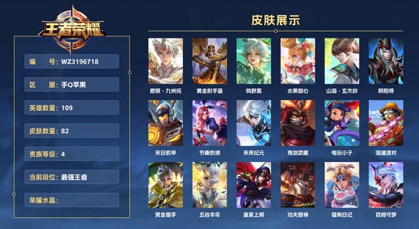 王者荣耀账号苹果QQ手Q苹果 109英雄 82皮肤 贵族等级4  愿照·九州拓 黄金射手座 鸣野蒿 水果甜心 山海·玄木吟 阴阳师 末日机甲 节奏热浪 未来纪元 鬼剑武藏 电玩小子 海滩派对 赏金猎手 五谷丰年 皇...