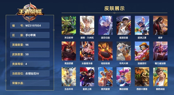 王者荣耀账号苹果QQ手Q苹果 96英雄 50皮肤 贵族等级5  末日机甲 愿照·九州拓 逐花归海 摇滚巨星 逐浪之夏 修罗 鬼剑武藏 水晶猎龙者 地狱岩魂 乓乓大师 海滩派对 魅力维加斯 五谷丰年 皇家上将 乘风破...