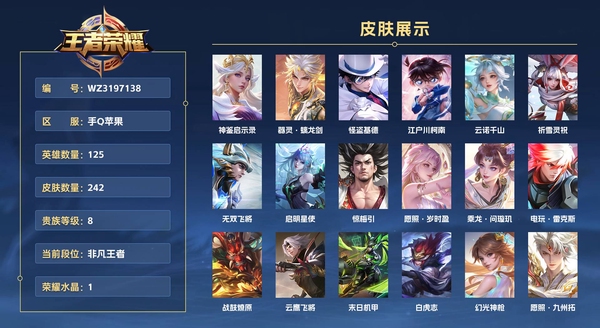王者荣耀账号苹果QQ手Q苹果【金标百里玄策】【1.2W金标元流之子】【1.1W金标澜】【1W金标狄仁杰】 125英雄 242皮肤 贵族等级8 已兑换荣耀水晶数1 神鉴启示录 器灵·螭龙剑 怪盗基德 江户川柯南 云诺千山