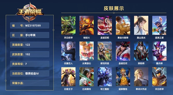 王者荣耀账号苹果QQ手Q苹果 122英雄 192皮肤 贵族等级7  末日机甲 地狱火 圣诞恋歌 黄金分割率 高山流水 逐浪之夏 优雅恋人 水果甜心 箭羽风息 圣诞狂欢 阴阳师 魔术师 白昼王子 云间偶戏 特工魅影 ...