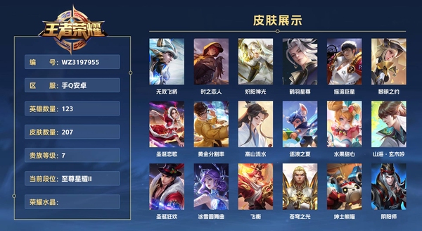 王者荣耀账号安卓QQ手Q安卓 123英雄 207皮肤 贵族等级7  无双飞将 时之恋人 炽阳神光 鹤羽星尊 摇滚巨星 黎明之约 圣诞恋歌 黄金分割率 高山流水 逐浪之夏 水果甜心 山海·玄木吟 圣诞狂欢 冰雪圆舞曲...