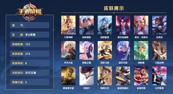 王者荣耀账号苹果QQ手Q苹果 123英雄 214皮肤 贵族等级8 已兑换荣耀水晶数2  九霄神辉 弑枪猎影 启明星使 冥王哈迪斯 乘龙·淬吴钩 白虎志 齐天大圣 燃星之曲 冠军飞将 逐花归海 鸣野蒿 久胜战神 黄金...