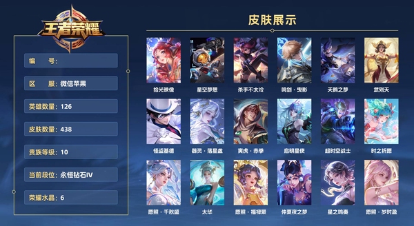 王者荣耀账号苹果VX微信苹果 126英雄 438皮肤 贵族等级10 已兑换荣耀水晶数6  拾光映像 星空梦想 杀手不太冷 鸣剑·曳影 天鹅之梦 武则天 怪盗基德 器灵·落星盏 寅虎·赤拳 启明星使 超时空战士 时之...