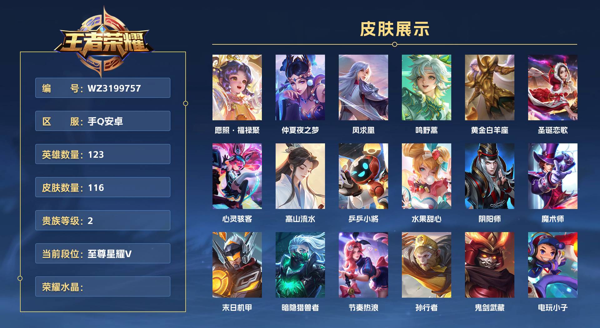 WZ3199757王者荣耀账号详情图1 WZ3199757王者荣耀账号详情图1