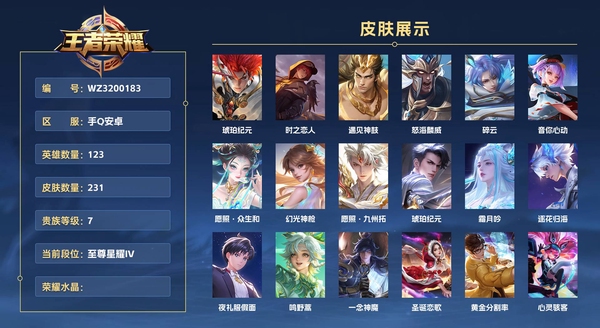 王者荣耀账号苹果QQ手Q安卓 123英雄 231皮肤 贵族等级7  琥珀纪元 时之恋人 遇见神鼓 怒海麟威 碎云 音你心动 愿照·众生和 幻光神枪 愿照·九州拓 琥珀纪元 霜月吟 逐花归海 夜礼服假面 鸣野蒿 一念...