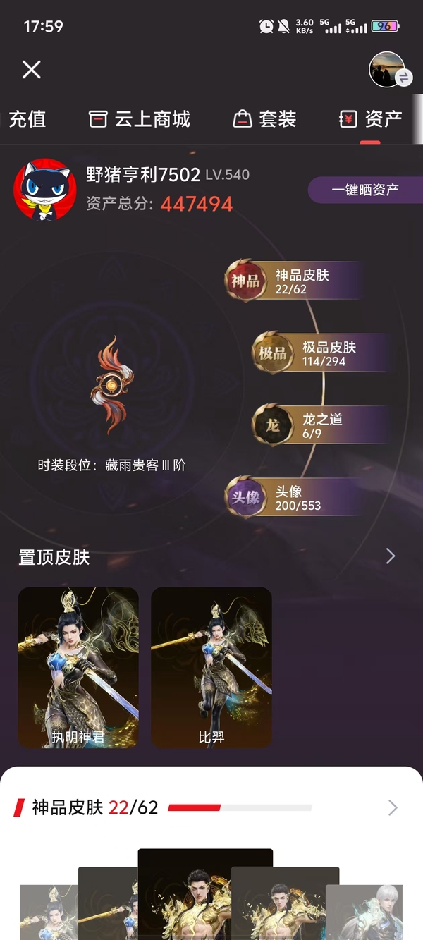 永劫无间账号网易官方神品皮肤：22，极品皮肤：114，龙之道：6，头像：200