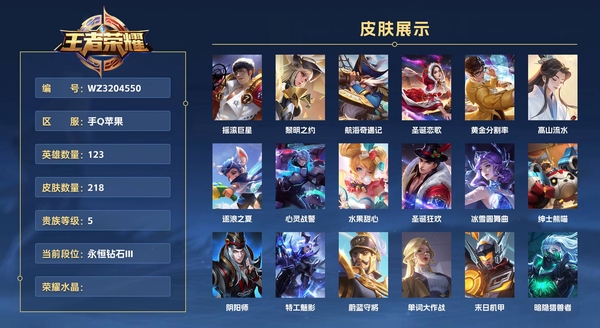 王者荣耀账号苹果QQ手Q苹果 123英雄 218皮肤 贵族等级5  摇滚巨星 黎明之约 航海奇遇记 圣诞恋歌 黄金分割率 高山流水 逐浪之夏 心灵战警 水果甜心 圣诞狂欢 冰雪圆舞曲 绅士熊喵 阴阳师 特工魅影 蔚...