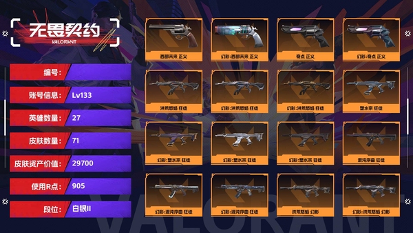 无畏契约账号QQ【等级】133【段位】白银II【皮肤资产价值】29700【使用R点】905【英雄数量】27【皮肤数量】71【卡面数量】92【喷漆数量】61【挂饰数量】85【随身武器】西部未来-正义,奇点-正义,...