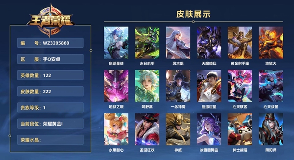 王者荣耀账号安卓QQ手Q安卓 122英雄 222皮肤 贵族等级1  启明星使 末日机甲 凤求凰 天魔缭乱 黄金射手座 地狱火 地狱之眼 鸣野蒿 一念神魔 摇滚巨星 心灵骇客 心灵战警 水果甜心 圣诞狂欢 神威 冰雪...