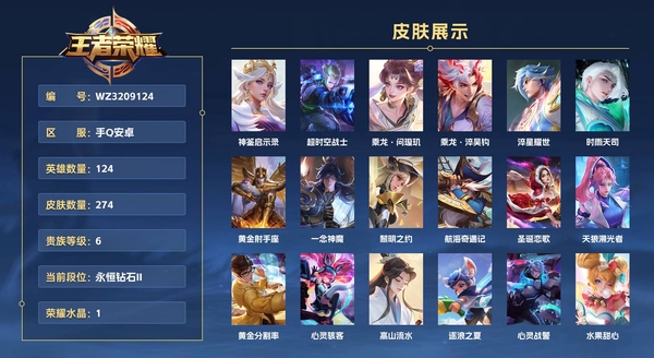 王者荣耀账号安卓QQ手Q安卓 124英雄 274皮肤 贵族等级7 已兑换荣耀水晶数1  神鉴启示录 超时空战士 乘龙·问璇玑 乘龙·淬吴钩 淬星耀世 时雨天司 黄金射手座 一念神魔 黎明之约 航海奇遇记 圣诞恋歌 ...