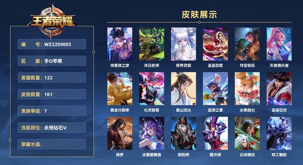 王者荣耀账号苹果QQ手Q苹果 122英雄 161皮肤 贵族等级7  仲夏夜之梦 末日机甲 异界灵契 圣诞恋歌 夺宝奇兵 天狼溯光者 黄金分割率 心灵骇客 高山流水 逐浪之夏 水果甜心 圣诞狂欢 修罗 冰雪圆舞曲 阴...