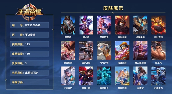王者荣耀账号安卓QQ手Q安卓 123英雄 119皮肤 贵族等级3  阴阳师 魔术师 节奏热浪 鬼剑武藏 金属风暴 地狱岩魂 游园惊梦 逐梦之影 乓乓大师 海滩派对 魅力维加斯 霸王丸 纤云弄巧 皇家上将 幽灵船长 ...