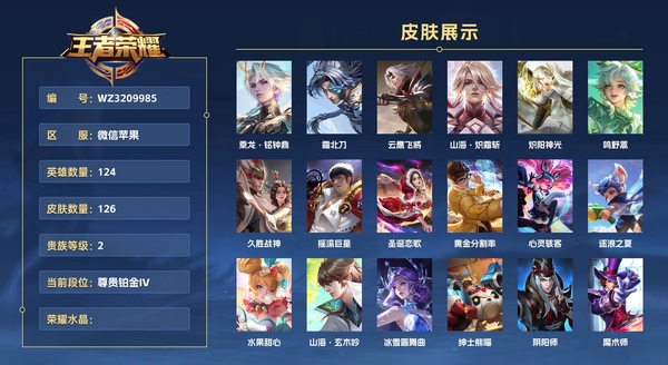 王者荣耀账号苹果VX微信苹果 124英雄 126皮肤 贵族等级2  乘龙·铭钟鼎 霜北刀 云鹰飞将 山海·炽霜斩 炽阳神光 鸣野蒿 久胜战神 摇滚巨星 圣诞恋歌 黄金分割率 心灵骇客 逐浪之夏 水果甜心 山海·玄木...