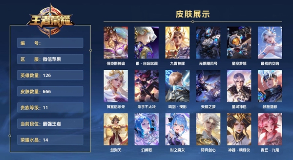 王者荣耀账号苹果VX微信苹果 126英雄 666皮肤 贵族等级11 已兑换荣耀水晶数14  倪克斯神谕 银·白咏叹调 九霄神辉 无限飓风号 星空梦想 最初的交响 神鉴启示录 杀手不太冷 鸣剑·曳影 天鹅之梦 星域神...