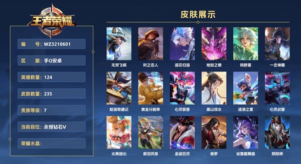 王者荣耀账号安卓QQ手Q安卓 124英雄 235皮肤 贵族等级7  无双飞将 时之恋人 逐花归海 地狱之眼 鸣野蒿 一念神魔 航海奇遇记 黄金分割率 心灵骇客 高山流水 逐浪之夏 心灵战警 水果甜心 箭羽风息 圣诞...
