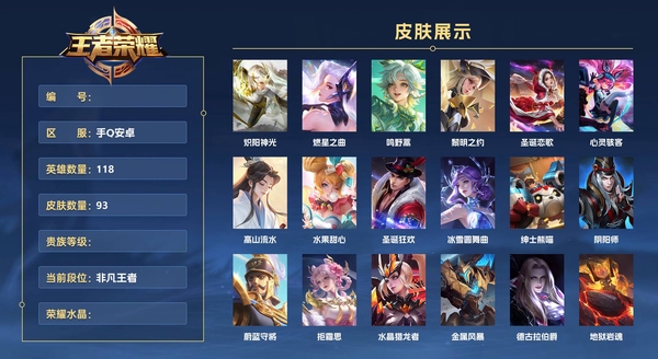 王者荣耀账号安卓QQ手Q安卓 118英雄 93皮肤  炽阳神光 燃星之曲 鸣野蒿 黎明之约 圣诞恋歌 心灵骇客 高山流水 水果甜心 圣诞狂欢 冰雪圆舞曲 绅士熊喵 阴阳师 蔚蓝守将 拒霜思 水晶猎龙者 金属风暴 德...