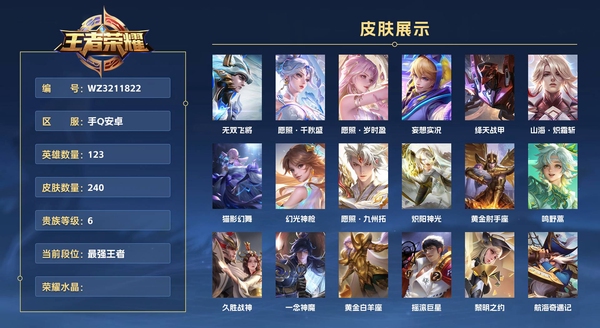 王者荣耀账号安卓QQ手Q安卓 123英雄 240皮肤 贵族等级7  无双飞将 愿照·千秋盛 愿照·岁时盈 妄想实况 绛天战甲 山海·炽霜斩 猫影幻舞 幻光神枪 愿照·九州拓 炽阳神光 黄金射手座 鸣野蒿 久胜战神 ...