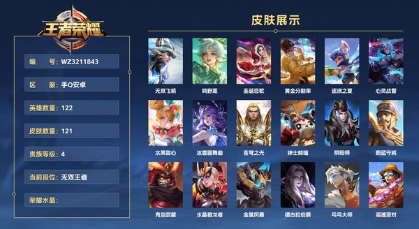 王者荣耀账号安卓QQ手Q安卓【金标  后羿】 122英雄 121皮肤 贵族等级4  无双飞将 鸣野蒿 圣诞恋歌 黄金分割率 逐浪之夏 心灵战警 水果甜心 冰雪圆舞曲 苍穹之光 绅士熊喵 阴阳师 蔚蓝守将 鬼剑武藏 水晶猎