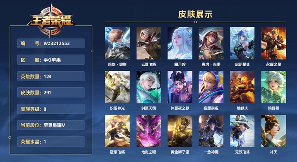王者荣耀账号苹果QQ手Q苹果【11金标】 123英雄 291皮肤 贵族等级8 已兑换荣耀水晶数1  鸣剑·曳影 云鹰飞将 霜月吟 寅虎·赤拳 启明星使 永曜之星 炽阳神光 时雨天司 仲夏夜之梦 妄想实况 地狱火 鸣野蒿