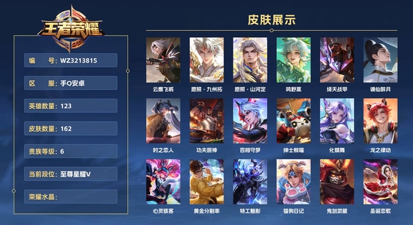 王者荣耀账号安卓QQ手Q安卓 123英雄 162皮肤 贵族等级6  云鹰飞将 愿照·九州拓 愿照·山河定 鸣野蒿 绛天战甲 谪仙醉月 时之恋人 功夫厨神 百相守梦 绅士熊喵 化蝶舞 龙之律动 心灵骇客 黄金分割率 ...