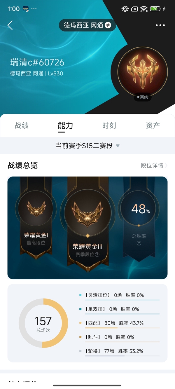 英雄联盟账号网通德玛西亚德玛西亚 网通|Lv530  荣耀黄金  英雄 170  点券:50  蓝色精萃:130189  炫彩皮肤 18   神话 2  限定 12  传说 17  史诗 43  王者 2  勇士 2