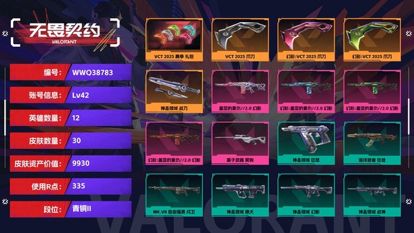 无畏契约账号QQ【等级】42【段位】青铜II【皮肤资产价值】9930【使用R点】335【英雄数量】12【皮肤数量】30【卡面数量】40【喷漆数量】33【挂饰数量】42【套装】VCT 2025 赛季 礼包【随身武...