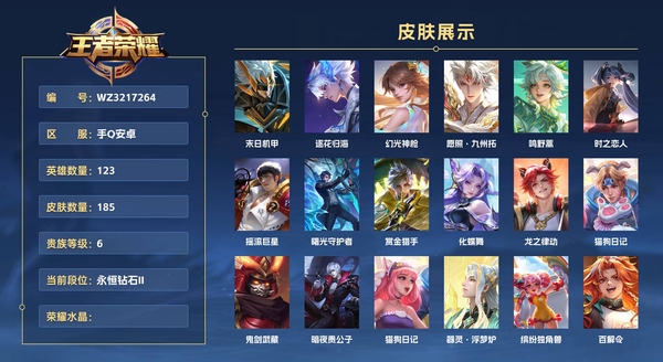 王者荣耀账号安卓QQ手Q安卓 123英雄 185皮肤 贵族等级6  末日机甲 逐花归海 幻光神枪 愿照·九州拓 鸣野蒿 时之恋人 摇滚巨星 曙光守护者 赏金猎手 化蝶舞 龙之律动 猫狗日记 鬼剑武藏 暗夜贵公子 猫...