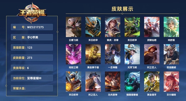 王者荣耀账号苹果QQ手Q苹果 123英雄 273皮肤 贵族等级7  云鹰飞将 末日机甲 寅虎·赤拳 末日机甲 武陵仙君 鸣野蒿 地狱之眼 黄金狮子座 一念神魔 无双飞将 时之恋人 怒海麟威 末日机甲 时之恋人 功夫...