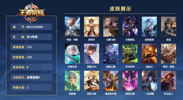 王者荣耀账号苹果QQ手Q苹果【小国1.4w阿古朵  金标1w裴擒虎  兰陵王】 125英雄 230皮肤 贵族等级8 已兑换荣耀水晶数2  鸣剑·曳影 武则天 云鹰飞将 天魔缭乱 启明星使 武圣 时雨天司 挚爱之约 猫影幻