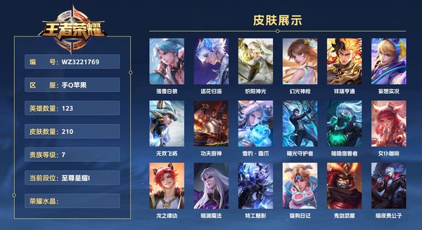 王者荣耀账号苹果QQ手Q苹果 123英雄 210皮肤 贵族等级7  落雪白狼 逐花归海 炽阳神光 幻光神枪 祥瑞亨通 妄想实况 无双飞将 功夫厨神 雪豹·霜爪 曙光守护者 暗隐猎兽者 女仆咖啡 龙之律动 暗渊魔法 ...
