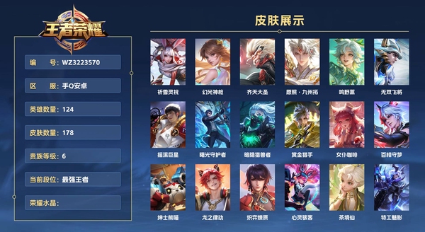 王者荣耀账号安卓QQ手Q安卓 124英雄 178皮肤 贵族等级6  祈雪灵祝 幻光神枪 齐天大圣 愿照·九州拓 鸣野蒿 无双飞将 摇滚巨星 曙光守护者 暗隐猎兽者 赏金猎手 女仆咖啡 百相守梦 绅士熊喵 龙之律动 ...