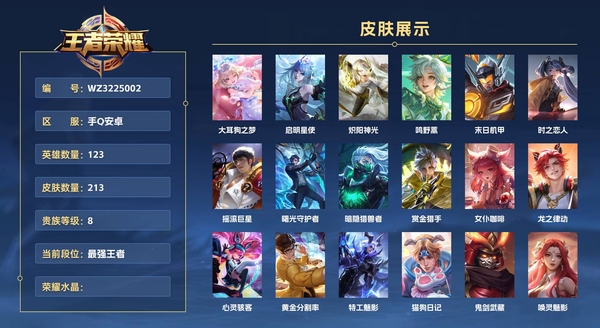 王者荣耀账号安卓QQ手Q安卓 123英雄 213皮肤 贵族等级8  大耳狗之梦 启明星使 炽阳神光 鸣野蒿 末日机甲 时之恋人 摇滚巨星 曙光守护者 暗隐猎兽者 赏金猎手 女仆咖啡 龙之律动 心灵骇客 黄金分割率 ...