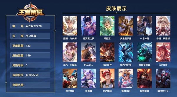王者荣耀账号苹果QQ手Q苹果 123英雄 149皮肤 贵族等级6  愿照·九州拓 仲夏夜之梦 鸣野蒿 黄金射手座 一念神魔 山海·炽霜斩 乘龙·问璇玑 时之恋人 功夫厨神 曙光守护者 暗隐猎兽者 女仆咖啡 绅士熊喵...