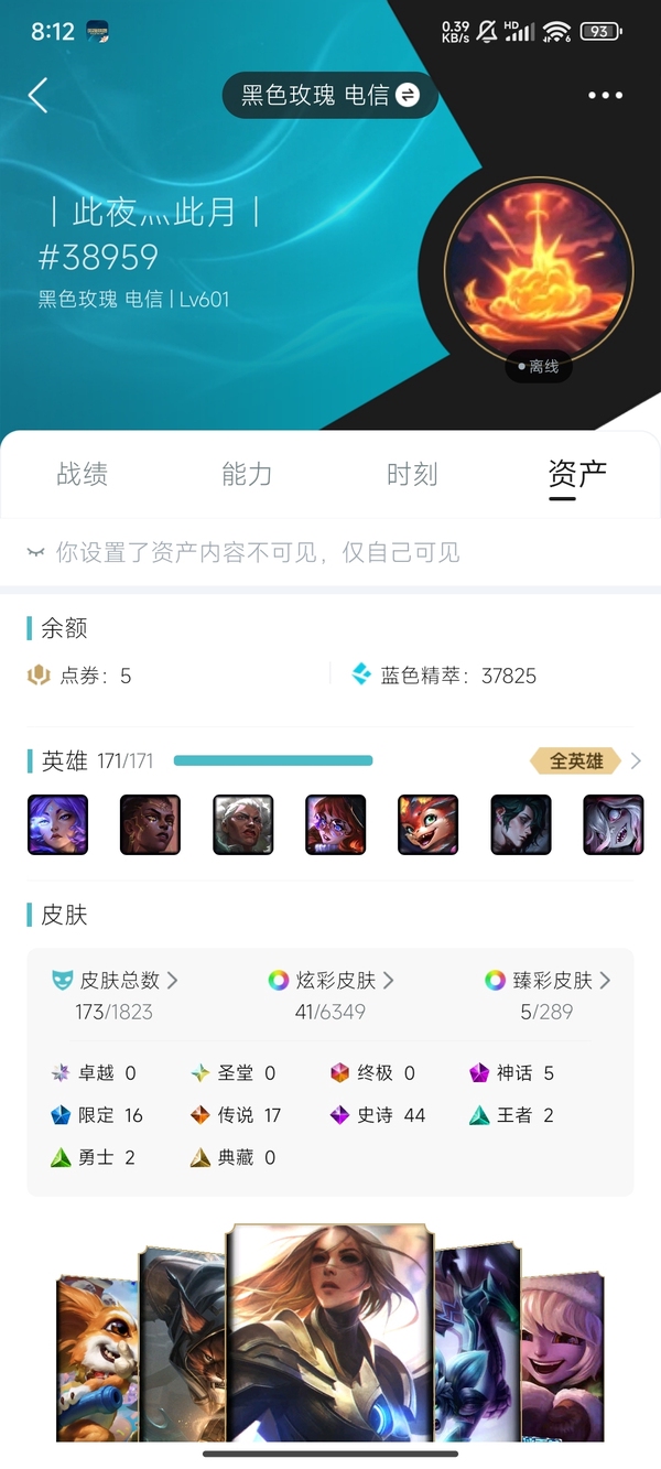 英雄联盟账号电信黑色玫瑰黑色玫瑰 电信  皮肤总数173 炫彩41
